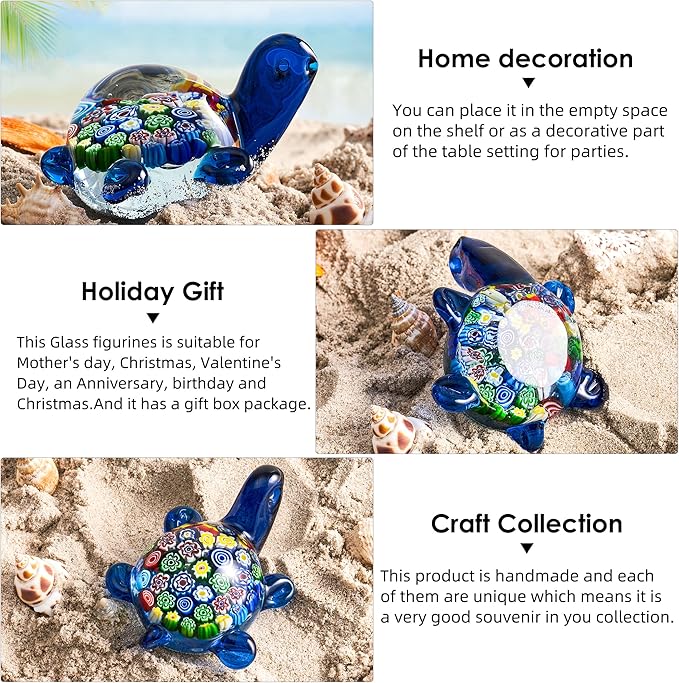 EUSTUMA Hand Blown Glass Sea Turtle Figurines Paperweight,Sea Animal Ornament for Home Decor,Sea Animals Collection for Birthday Gift,Glass Tortoise Sculpture