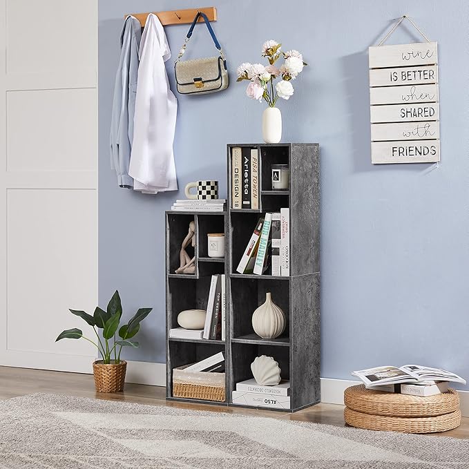 VECELO Narrow Bookshelf Set, Fits 9.3" × 10-12.8" Hardcovers, Cube Storage Bookcases, Free-Standing for Living Room, Bedroom, Home Office, 3/4-Tier, 2-Pack, Gray