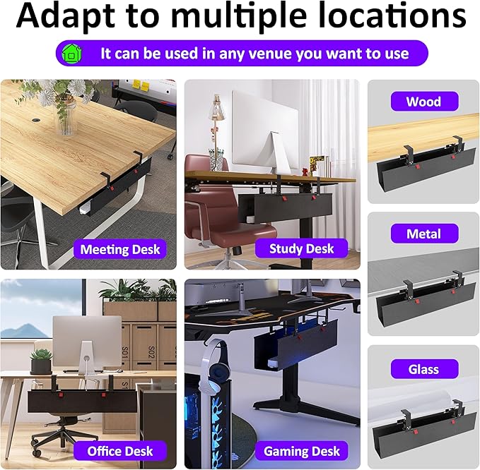 Cotohim Under Desk Cable Management Tray - Under Desk Cord Management - Clamp/Screw Mount - Fabric Wire Management - Cable Raceways Tray Cord Hiders for Office/Home (Black, 28.6"×5.6")
