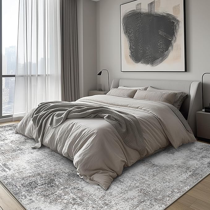 GENIMO Washable Area Rugs for Living Room, 9x12 Modern Non Slip Rugs, Low Pile Lightweight Soft Print Rug for Bedroom, Dining Room, Home Office, Grey