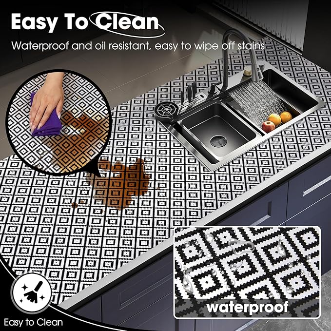 ALIUNI Drawer and Shelf Liner, Non-Slip Kitchen Cabinet Liners Non-Adhesive Thick Strong Grip Waterproof Washable Mats Protect Dresser Shelves Cupboard Bathroom Cabinets, Black & White, 18 in X 20 FT