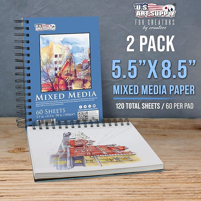 U.S. Art Supply 5.5"x8.5" Mixed Media Sketchbook, 2 Pack (60 Sheets), 98 lb (160 GSM) - Spiral-Bound Pad with Perforated Acid-Free Paper - Artist Sketch Book for Drawing, Painting, Watercolor