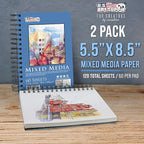 U.S. Art Supply 5.5"x8.5" Mixed Media Sketchbook, 2 Pack (60 Sheets), 98 lb (160 GSM) - Spiral-Bound Pad with Perforated Acid-Free Paper - Artist Sketch Book for Drawing, Painting, Watercolor