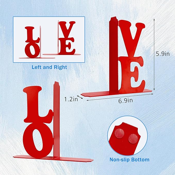 Love Decor Metal Bookends - Novelty & Cute Bookends for Shelves, Unique and Decorative Book Ends (Red)