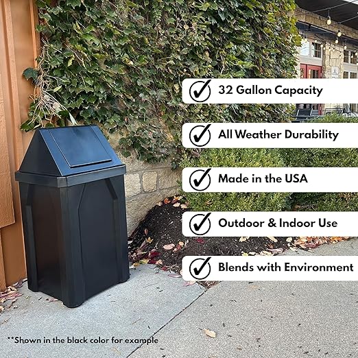 Sturdy Essentials 32 Gallon Square Slatted 100% Recycled Plastic Heavy Duty Outdoor Commercial Trash Can with Swing Top Lid | Great for Schools and Businesses - Green Granite