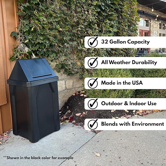 Sturdy Essentials 32 Gallon Square Slatted 100% Recycled Plastic Heavy Duty Outdoor Commercial Trash Can with Swing Top Lid | Great for Schools and Businesses - Beige Granite