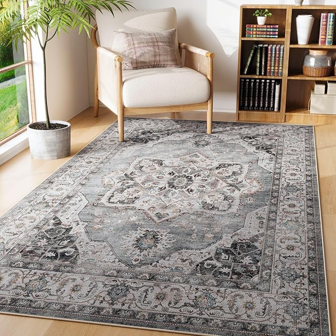 Rugcomf Vintage Medallion 3'x5' Washable Rug - Non-Slip Low Pile Area Rug, Small Boho Carpet for Bedroom, Bedside, Kitchen, Entryway, Kids/Girls Room, Office - Grey and White