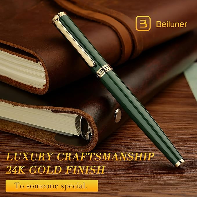 BEILUNER Racing Green Fountain Pen,Stunning Luxury Pens with 24K Gold Finish, Gorgeous 24K Gilded Nib(Medium), Fancy Pen Gift for Men&Women -Ink Converter-Christmas, Office,Fancy,Nice Pen for Writing