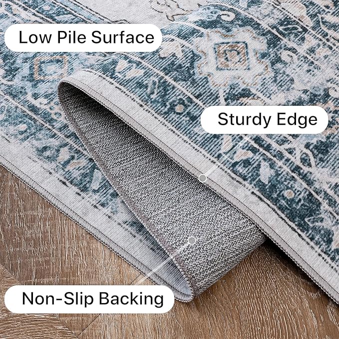 GENIMO Runner Rug 2x10, Machine Washable Vintage Runner Carpet, Non Slip Hallway Rug, Low Pile Lightweight Rugs for Entryway, Hallway, Kitchen and Corridor, Blue