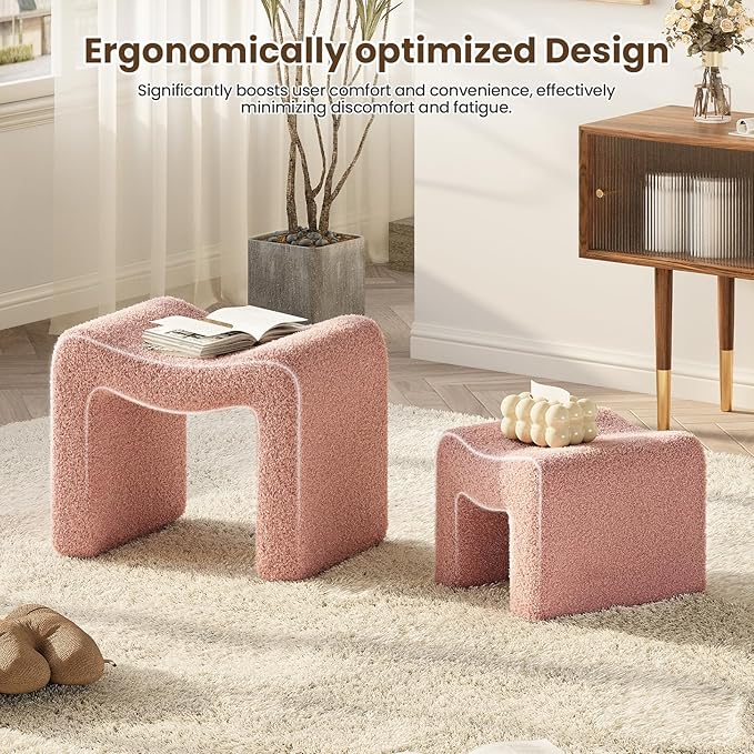 ZYKZYK Ottoman Set of 2, Plush Velvet Vanity Seats with Modern Foot Rest, Backless Stool Pair for Bedroom, Living Room & Makeup Dressing Table (2-in-1) Pink