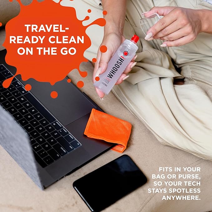 WHOOSH! Screen Shine Duo XL - Screen Cleaner Spray and Wipe for Eyeglasses, Phone & Laptop - Removes Fingerprints - Includes 3.4 oz + 1 oz Leak-Free Bottles & 2 Microfiber Cloths for Home & Travel