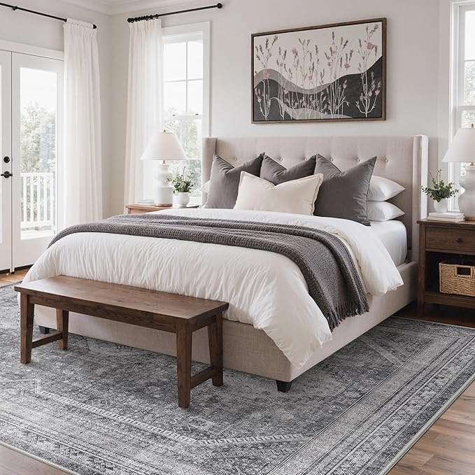 GENIMO 5x7 Area Rugs for Living Room, Machine Washable Non Slip Rugs, Low Pile Lightweight Print Rug for Bedroom, Dining Room, Home Office, Vintage Grey