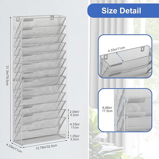 EasyPAG Wall File Holder 14 Tier Mesh Hanging Folder Organizer with Flat Tray Wall Mounted Mail Organizer Magazine Paper Desk Shelf with Nametag Label for Office Home School, Silver