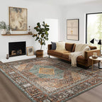 GENIMO 4x6 Area Rugs for Living Room, Machine Washable Rug, Non Slip Vintage Rugs, Low Pile Lightweight Chenille Print Rug for Bedroom, Dining Room, Home Office, Vintage Brown/Blue