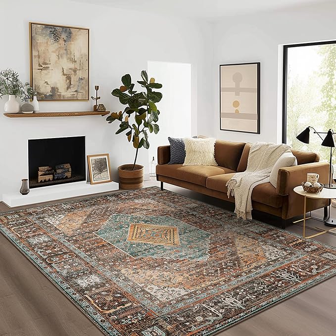 GENIMO 3x5 Area Rugs for Living Room, Machine Washable Non Slip Vintage Rugs, Low Pile Lightweight Chenille Print Rug for Bedroom, Dining Room, Home Office, Vintage Brown/Blue