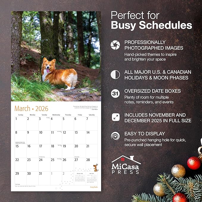 MICASA PRESS Corgi Butts 2026 Wall Calendar 12 Month | 12" x 24" Open | Thick & Sturdy Paper | Holiday Gift | Cute Puppy Funny Dog Calendar 2026