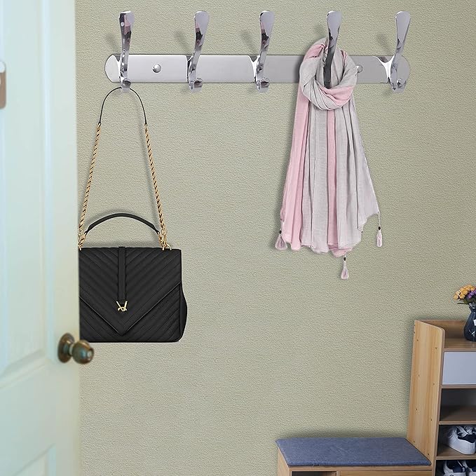 SKOLOO Modern Metal Wall Coat Rack with 5 Hooks, Sturdy Wall Hook Rack for Hanging Jacket, Clothes, Hat, Silver