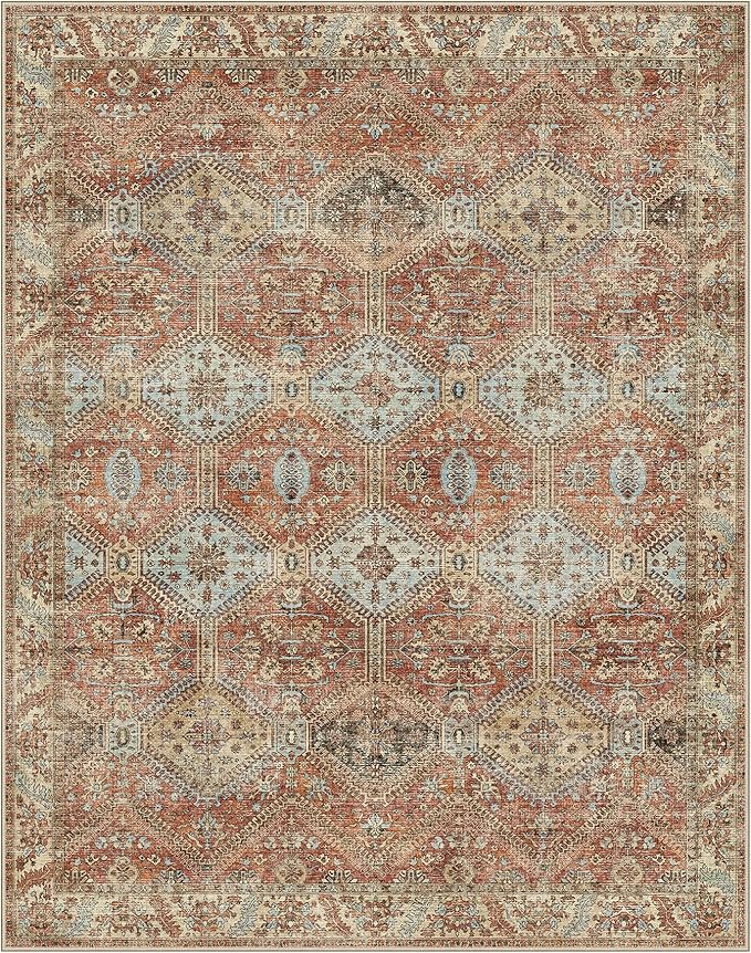 GENIMO 9x12 Area Rugs for Living Room, Machine Washable Non Slip Rugs, Low Pile Lightweight Print Rug for Bedroom, Dining Room, Home Office, Vintage Brick Red