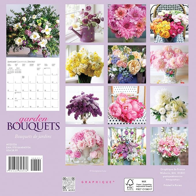 Graphique 2026 Garden Bouquets Mini Wall Calendar | 7” x 7” | Thick Paper | Home & Office Organizer | Large Monthly Grid | 3 Languages & Marked Holidays | 4 Month Preview Page for 2027