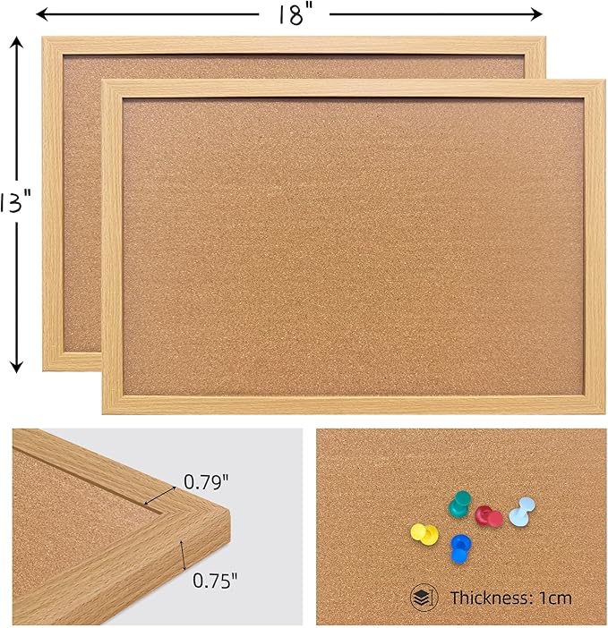 Yunihome Cork Bulletin Board, 13''x18''-2pack Hanging Cork Board Wooden Framed with Pins for Wall, Dorm Room, Office, Home Decor – Natural Cork & Black Frame