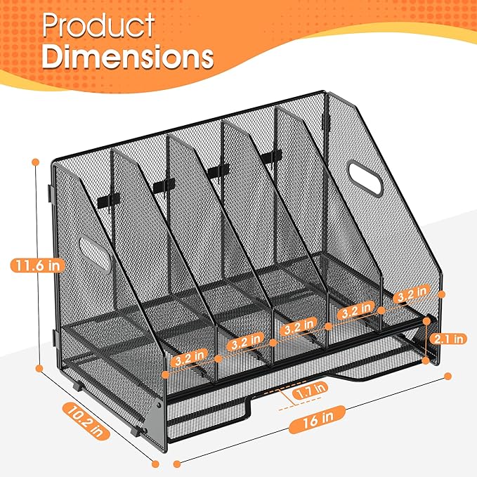 OrgMate Desk File Folder Holder Organizer-5 Vertical Compartments Racks and Paper Letter Tray,Mesh Magazine File Holder Sorter,Desktop Accessories & Workspace Organizers for Home,Office,School-Black