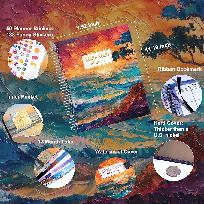 CAGIE Planner 2025-2026 Monthly: 12 Months July 2025 - June 2026 Calendar Daily Weekly Yearly Agenda 8.5" x 11" Large Academic Spiral Planners for Women with Tabs Stickers, Sunset