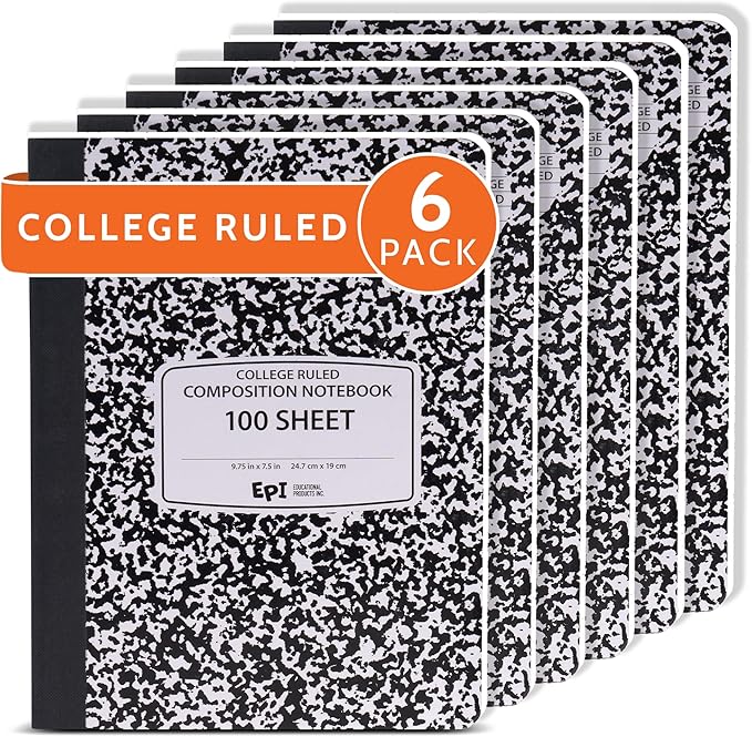 EPI 6 Pack College Ruled Composition Notebook Black - 200 Pages (100 Sheets), 9-3/4 x 7-½ - Classroom Back to School Supplies, Heavy Duty, Durable Hardcover Office Notebooks, Sewn
