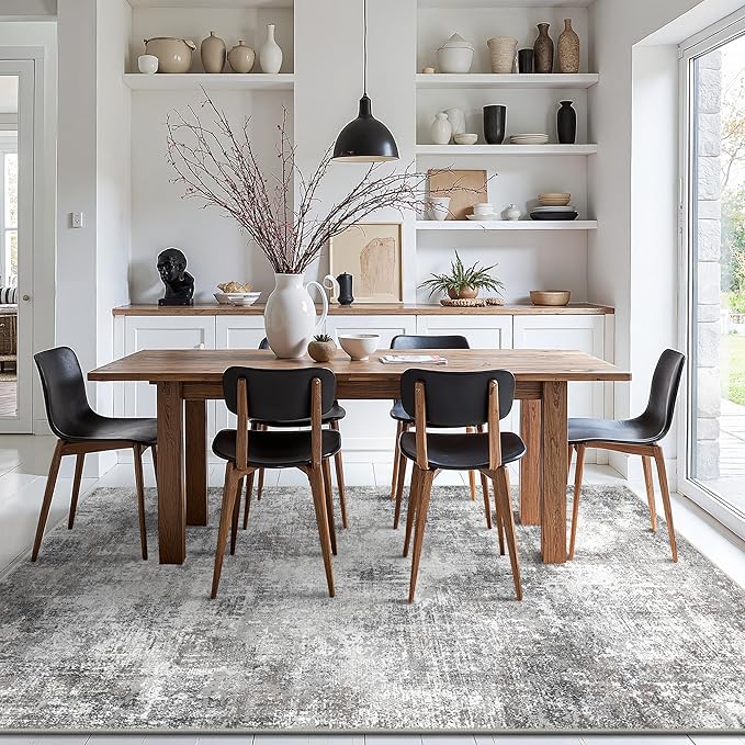 GENIMO Washable Area Rugs for Living Room, 8x10 Modern Non Slip Rugs, Low Pile Lightweight Soft Print Rug for Bedroom, Dining Room, Home Office, Grey