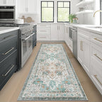 GENIMO 2‘6“x8 Runner Rugs for Hallway, Machine Washable Non Slip Vintage Rugs, Low Pile Lightweight Soft Print Rug for enrtyway, Corridor, Home Office, Kitchen, Cyan
