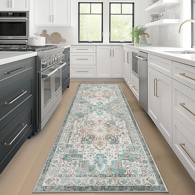 GENIMO 2x6 Runner Rugs for Hallway, Machine Washable Non Slip Vintage Rugs, Low Pile Lightweight Soft Print Rug for enrtyway, Corridor, Home Office, Kitchen, Cyan