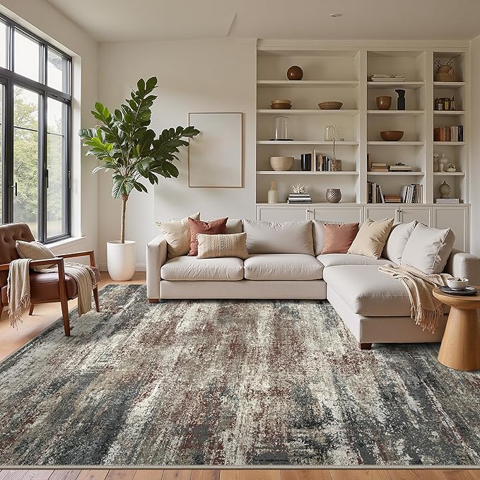 GENIMO 8x10 Area Rugs, Machine Washable Rugs for Living Room Low Pile, Modern Gray Rug with Non-Slip Rubber Backing, Soft Pet Friendly Carpet for Bedroom, Dining Room, Office, Mystic Forest
