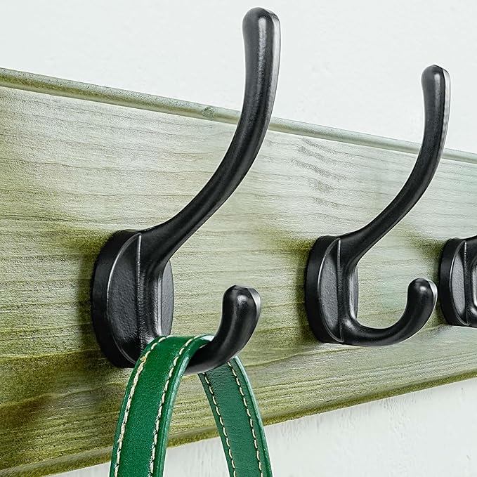 Dseap Coat Rack Wall: 24" Long, Patented, Heavy-Duty, 6-Double-Hooks Wooden Wall Mounted Coat Rack Coat Hanger Hook Rail for Winter Coats Hat Jacket Clothing, Weathered Green, Pack of 2