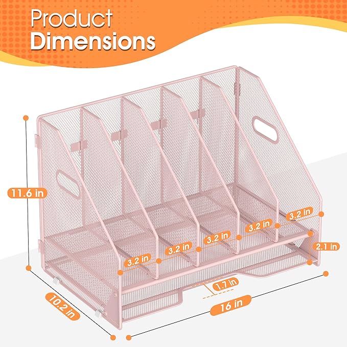 OrgMate Desk File Folder Holder Organizer-5 Vertical Compartments Racks and Paper Letter Tray,Mesh Magazine File Holder Sorter,Desktop Accessories & Workspace Organizers for Home,Office,School-Pink