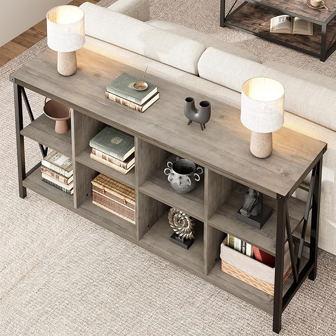 GarveeHome 8 Cube Storage Organizer Bookshelf, Farmhouse Horizontal Bookcase, 62 Inch Wood Storage Bookcase for Entryway, Long Low Bookshelves for Living Room (Grey, 8 Cube Metal)
