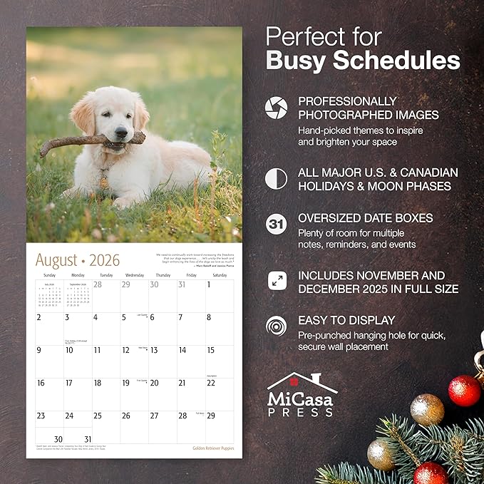 MICASA PRESS Golden Retriever Puppies 2026 Wall Calendar 12 Month | 12" x 24" Open | Thick & Sturdy Paper | Holiday Gift | Cute Puppy Dog Calendar 2026