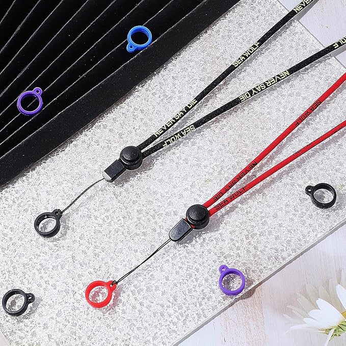 16 Pcs Anti Lost Lanyard Set Include 2 Necklace Lanyards Safety Neck Strap with 14 Silicone Ring Soft Protective Ring (Black, Red)