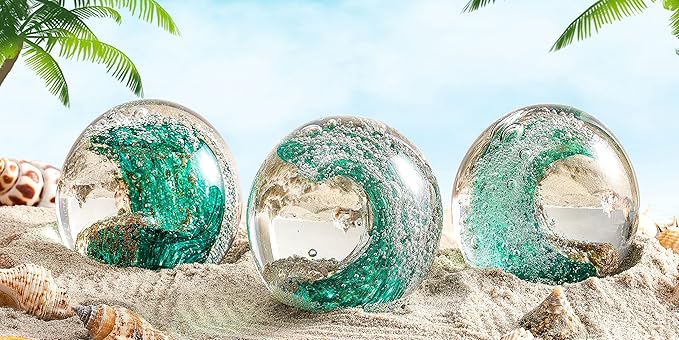 EUSTUMA Hand Blown Glass Figurines Ball Ocean Waves,Office Paperweight Glass for Desk,Home Decor Collectible,Aquarium Decor,Office Decor Ocean Lovers