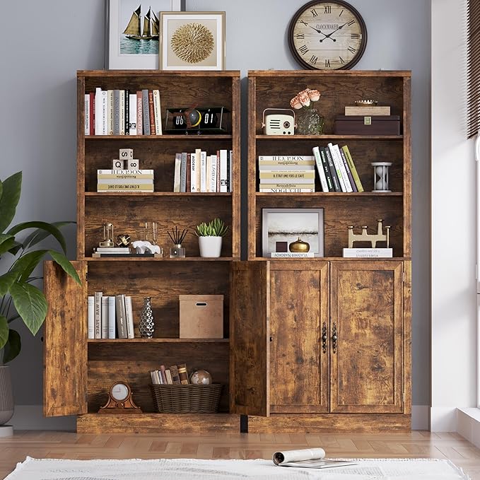 BORNOON 71.4" Tall Bookshelf with Cabinet, 5-Tier Floor Standing Bookcase with Doors & Adjustable Shelves, 31.5" Wide Storage Shelf, Metal Handles, Modern Organizer for Home Office, Living Room