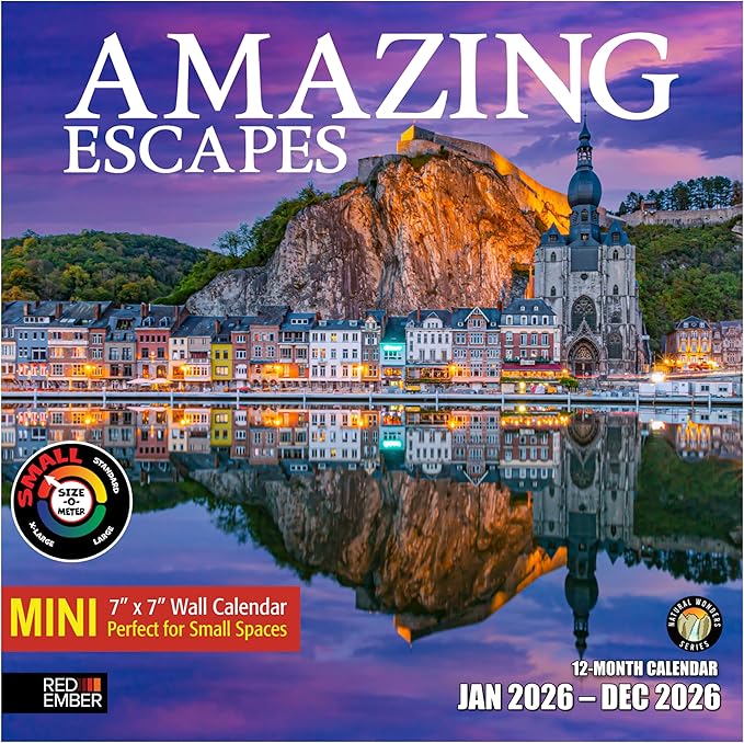 RED EMBER Amazing Escapes 2026 Mini Wall Calendar 12 Month | 7" x 14" Open | Thick & Sturdy Paper | Holiday Gift | Travel Calendar 2026