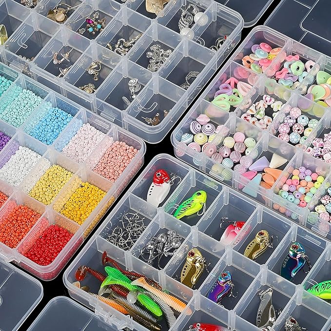 CGCG 3 Pack 7.9 x 5.8 inch Plastic Organizer Box with Adjustable Dividers 18 Grids Clear multi Compartment Storage Container Small Case for Beads Crafts Jewelry Fishing Tackles nail charm sticker