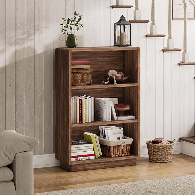 ChooChoo 3-Tier Bookcase, Wooden Bookshelf, Farmhouse Bookshelf with Open Storage, Tall Bookcase for Bedroom and Home Office, Brown Walnut