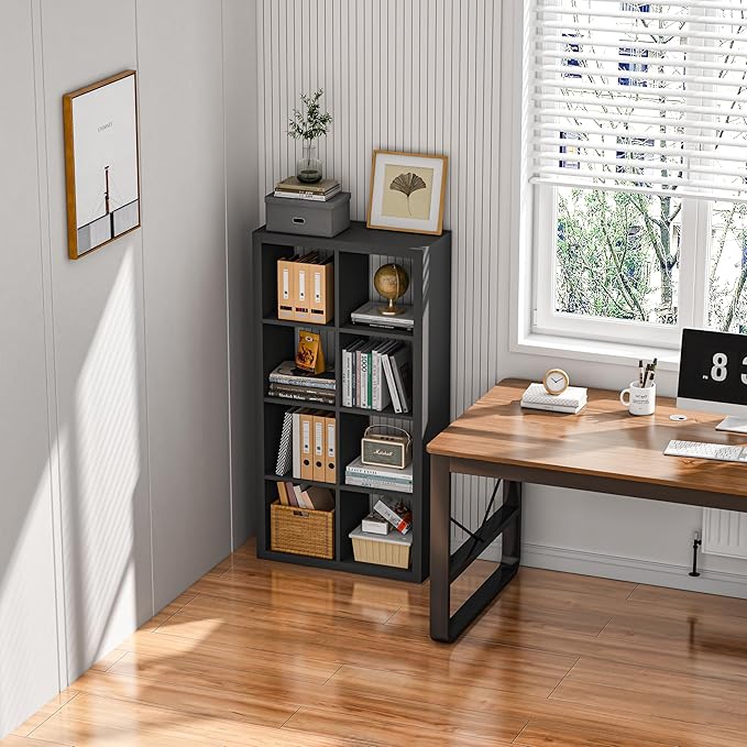 furtble Bookshelf with Storage Bins, 8-Cube Storage Organizer, Modern Wood Open Bookcase, Multifunctional Display Shelf for Living Room, Bedroom, Home Office, Matte Black