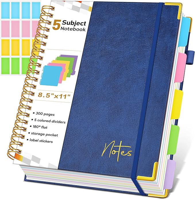 Spiral Notebook Journal with Removable Dividers Tabs, 300 Pages Hardcover Leather 5 Subject College Ruled Notebook, 8.5"x11" Large A4 Lined Journal for Women Men, Spiral Notebook for Work School, Navy