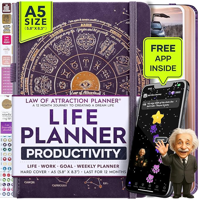 Life Planner - Undated Weekly & Monthly Planner, 12-Month Journey to Increase Productivity | Gratitude Journal, Life Organizer & Goal Journal | Include Foldable Vision Board, Habit Tracker & Stickers
