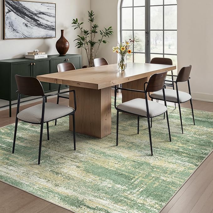 GENIMO 8x10 Area Rugs, Machine Washable Rugs for Living Room Low Pile, Modern Green Rug with Non-Slip Rubber Backing, Soft Pet Friendly Carpet for Bedroom, Dining Room, Office, Desert Dawn