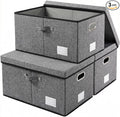 PRANDOM Storage Bins with Lids [3-Pack] Linen Fabric Foldable Storage Boxes Organizer Containers Baskets Cube with Cover for Bedroom Closet Office Grey(23.4X15.9X11.4)