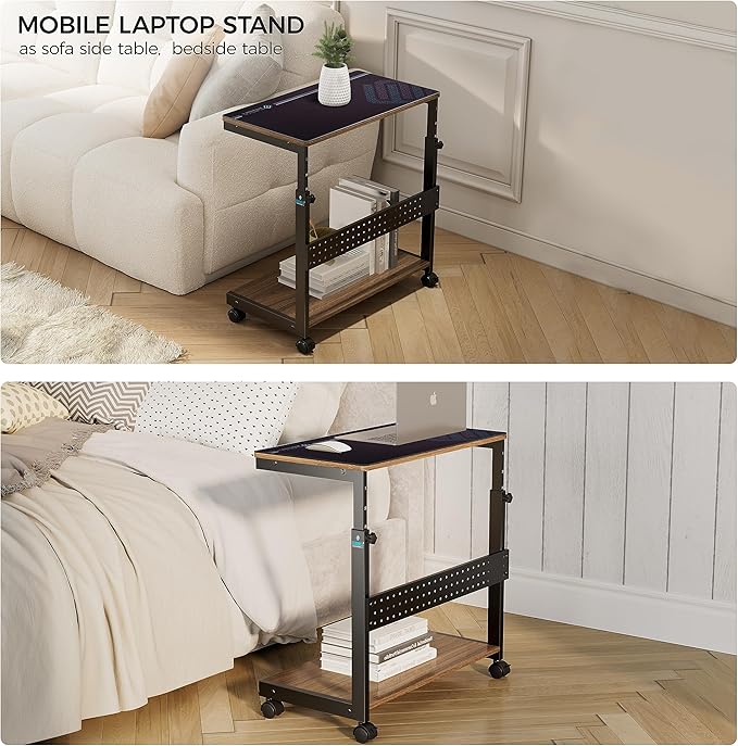 EUREKA ERGONOMIC PC Stand Computer Cart, Height Adjustable Tower Stand 2-Tier Suit for ATX Case Printer, Metal Rolling Cart on Wheels for Gaming Home Office, Walnut