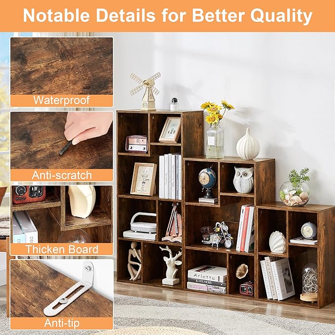 VECELO Wide Bookshelf Set, Fits 9.3" × 10-12.8" Hardcovers, Cube Storage Bookcases, Free-Standing for Living Room, Bedroom, Home Office, 2/3/4-Tier, 3-Pack, Brown