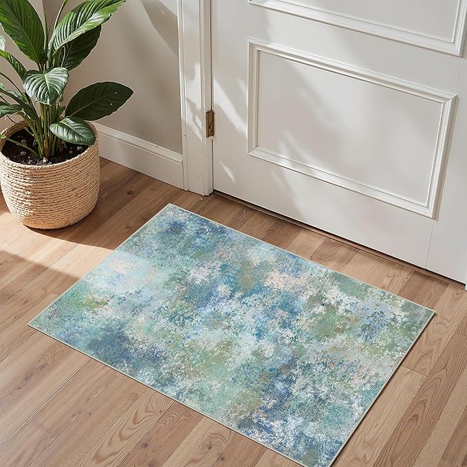 GENIMO 2x3 Rugs for Entryway Entrance, Modern Lightweight Rug Ultra Soft Indoor Area Rugs 2x3 for Bedroom Kitchen Bathroom, Low Pile Carpet with Non Slip Backing, Blue Green