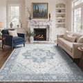 GENIMO 6x9 Area Rugs for Living Room, Machine Washable Non Slip Vintage Rugs, Low Pile Lightweight Chenille Print Rug for Bedroom, Dining Room, Home Office, Light Blue